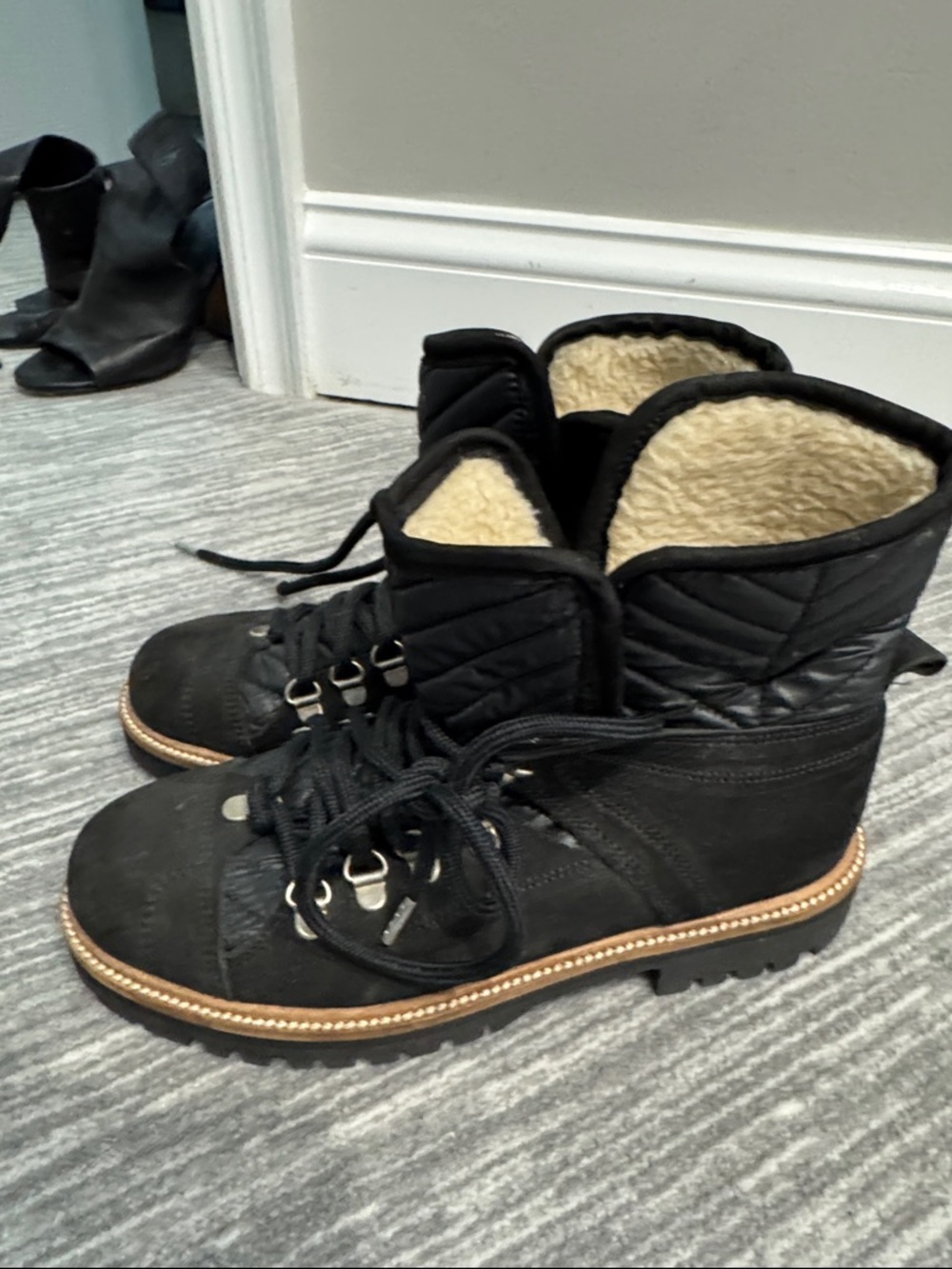 Ganni Black Quilted Lace-Up Boots with Cream Sherpa Lining